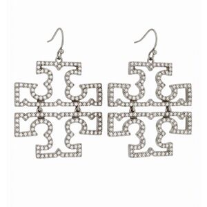 TORY BURCH • Silver Britten Crystal Logo Drop Earrings
